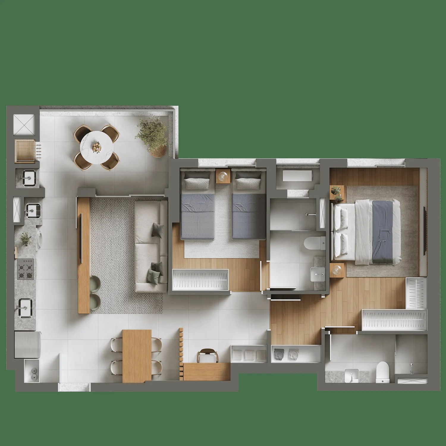 Planta humanizada do apartamento Tipo 04, 2 dormitórios, 80,05 m²