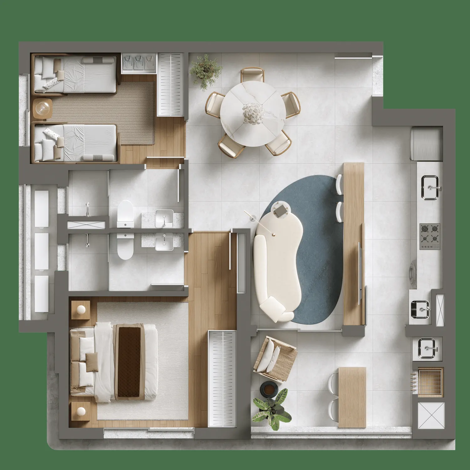 Planta humanizada do apartamento Tipo 05, 2 suítes, 2 dormitórios, 76,79 m²