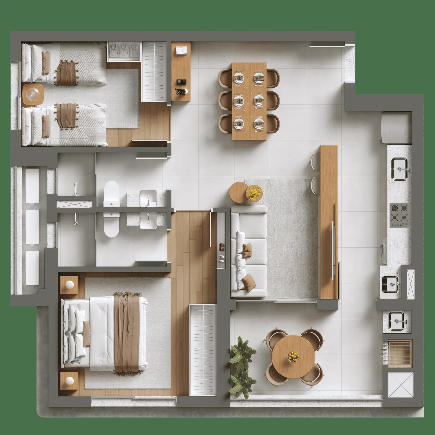 Planta humanizada do apartamento Tipo 05, ampliada, 1 suíte e 1 dormitório, 2 dormitórios, 76,79 m²