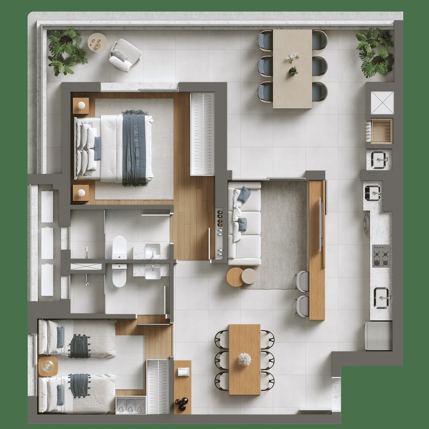 Planta humanizada do apartamento Tipo 06 Giardino, 2 dormitórios, 92,45 m²