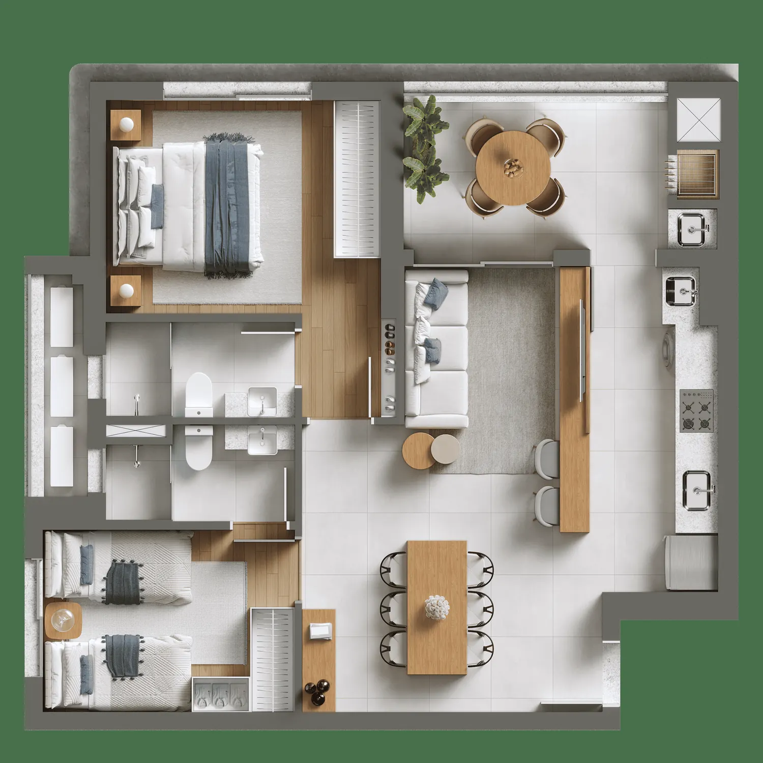 Planta humanizada do apartamento Tipo 06, 2 dormitórios, 76,79 m²
