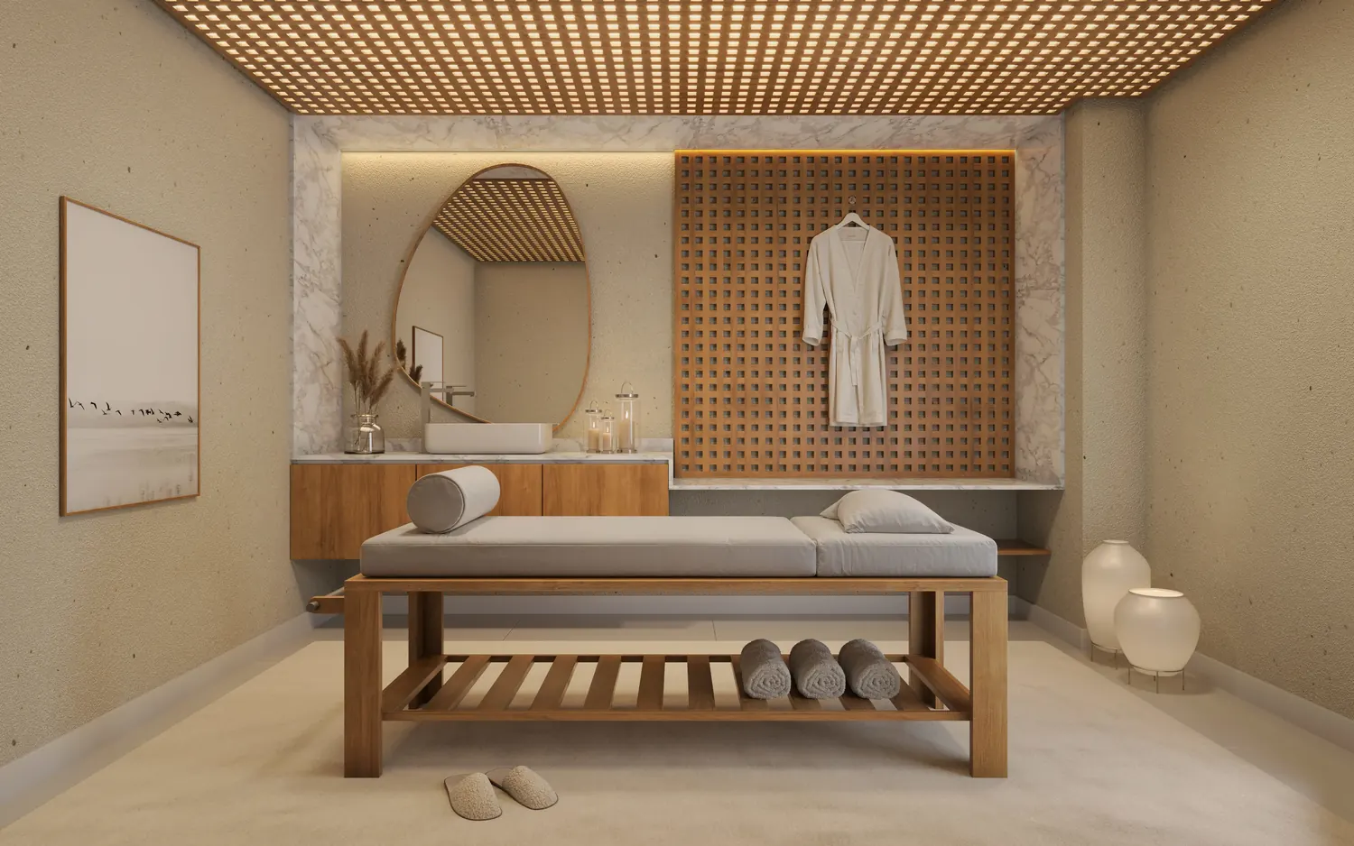 Sala de massagem com maca de madeira e painel muxarabi