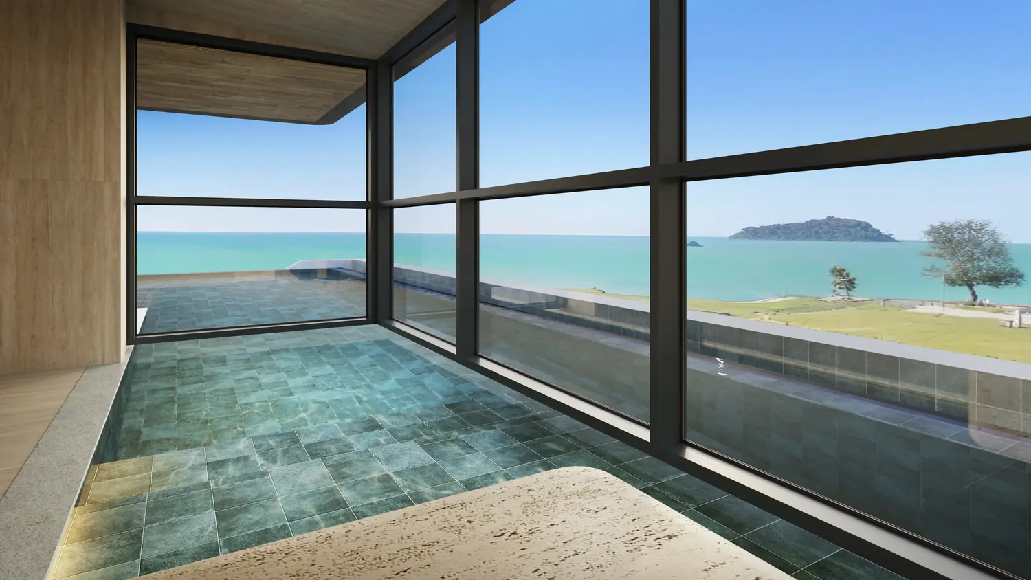 Piscina aquecida do SPA com janelas de vidro voltadas para o mar e a ilha