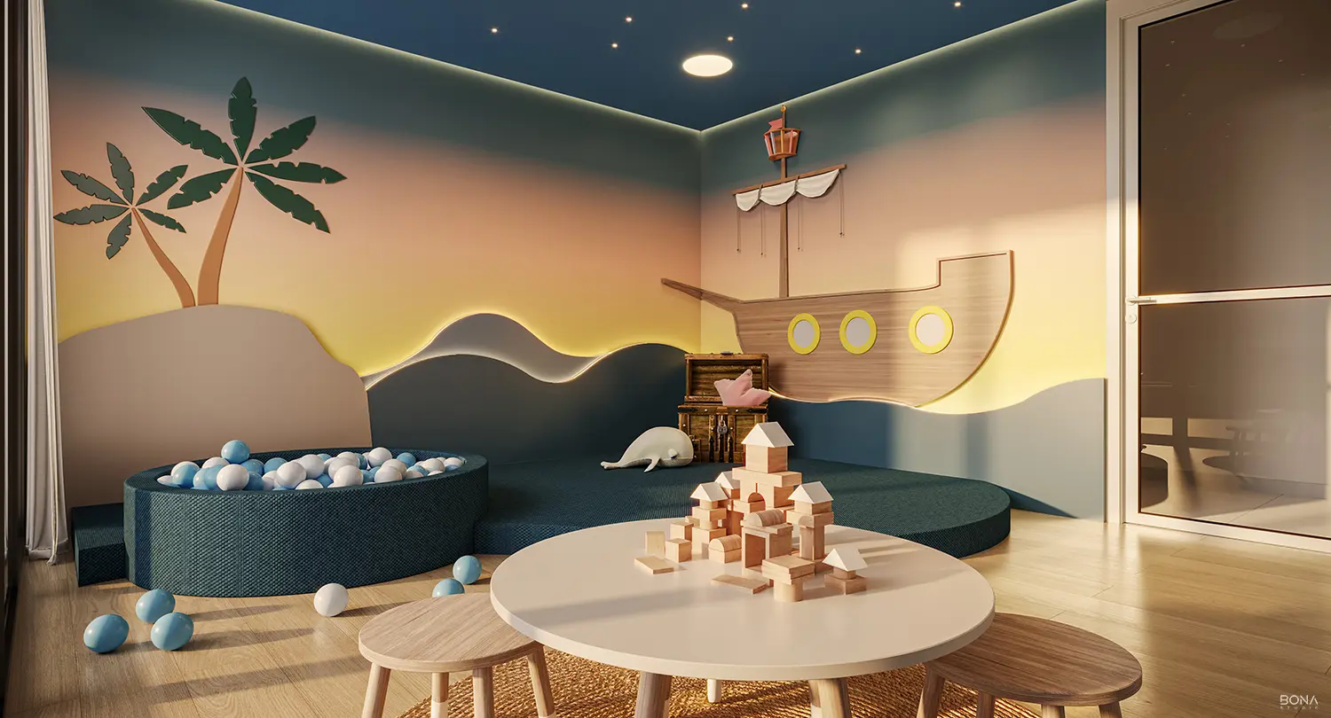 Brinquedoteca com painel temático de barco e mesa infantil