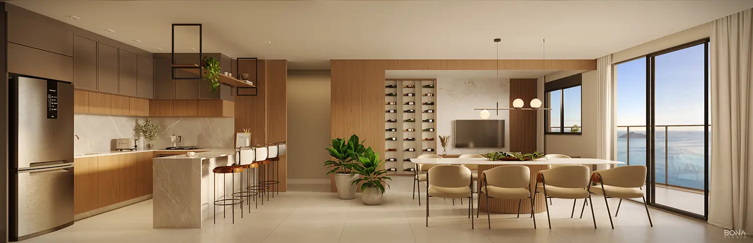 Espaço gourmet com bancada, adega e mesa de jantar