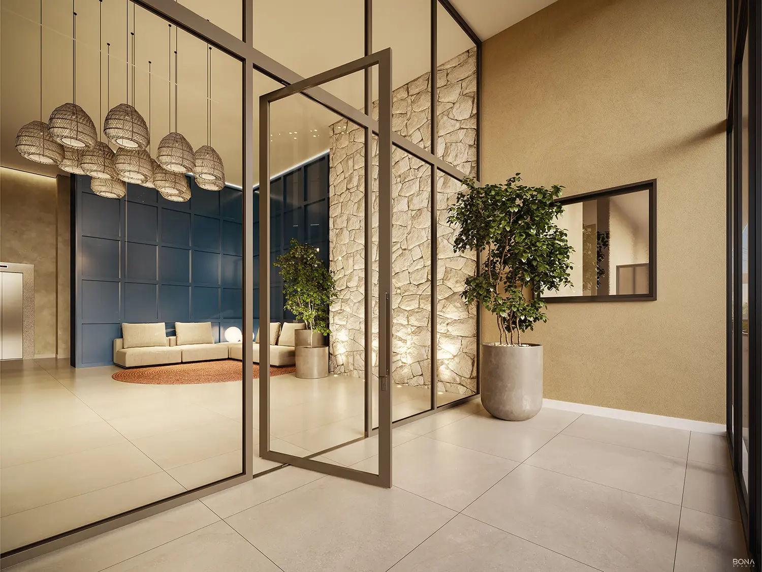 Hall de entrada com pé-direito alto e porta pivotante