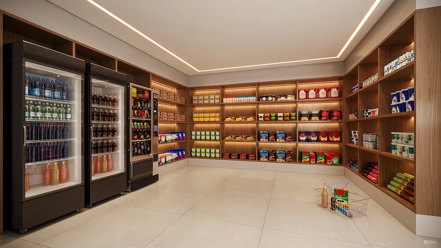Market do condomínio com prateleiras e refrigeradores