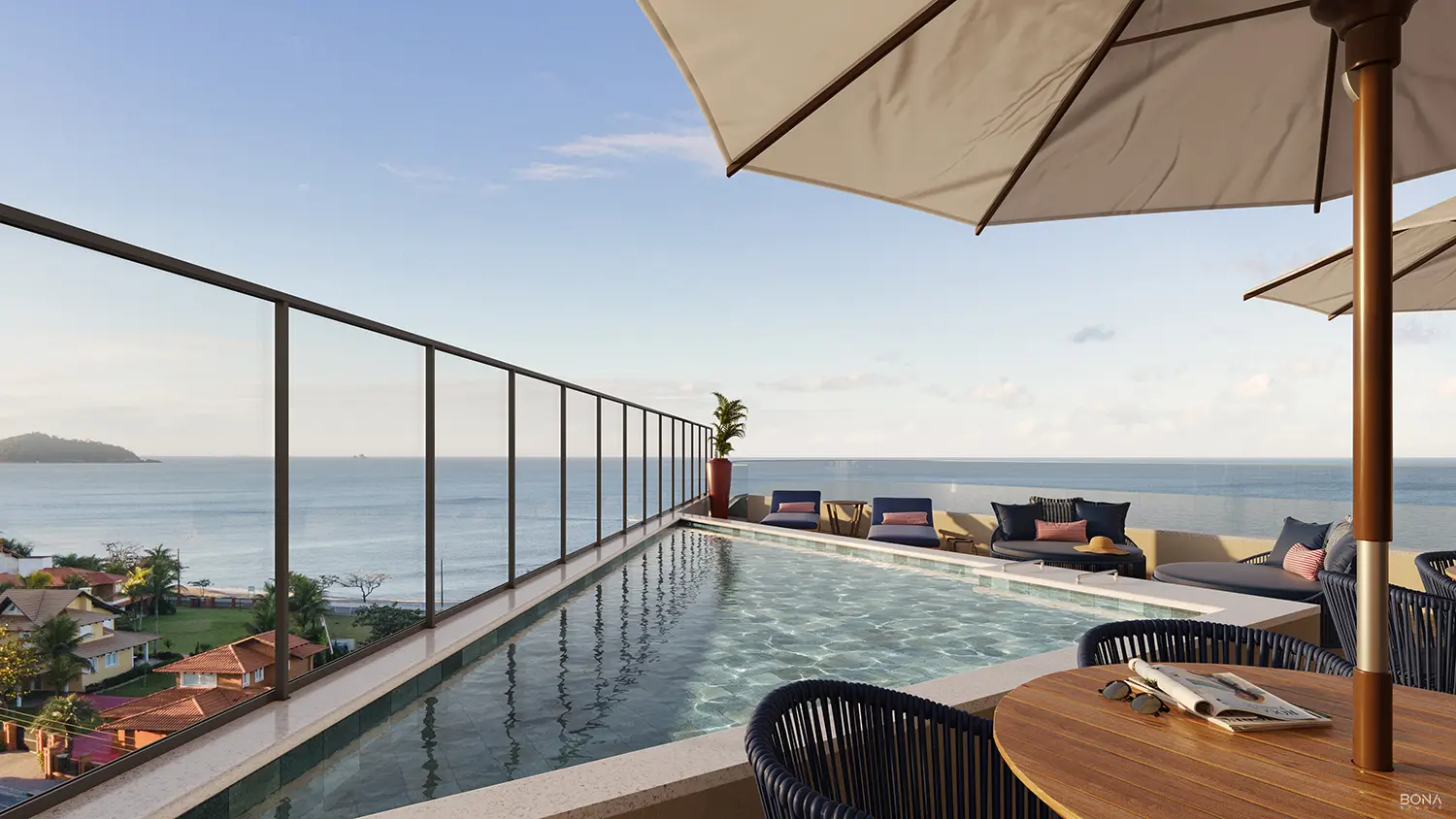 Piscina com borda infinita voltada para o mar