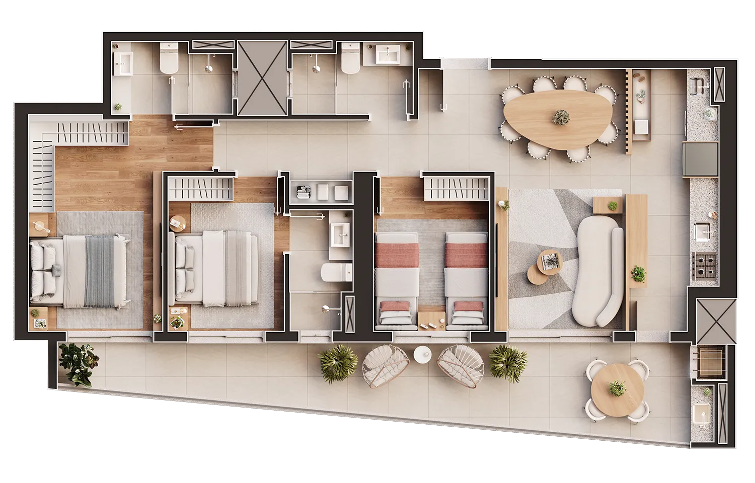 Planta humanizada do apartamento Tipo 2 Suítes com 3 dormitórios, 116,85 m²