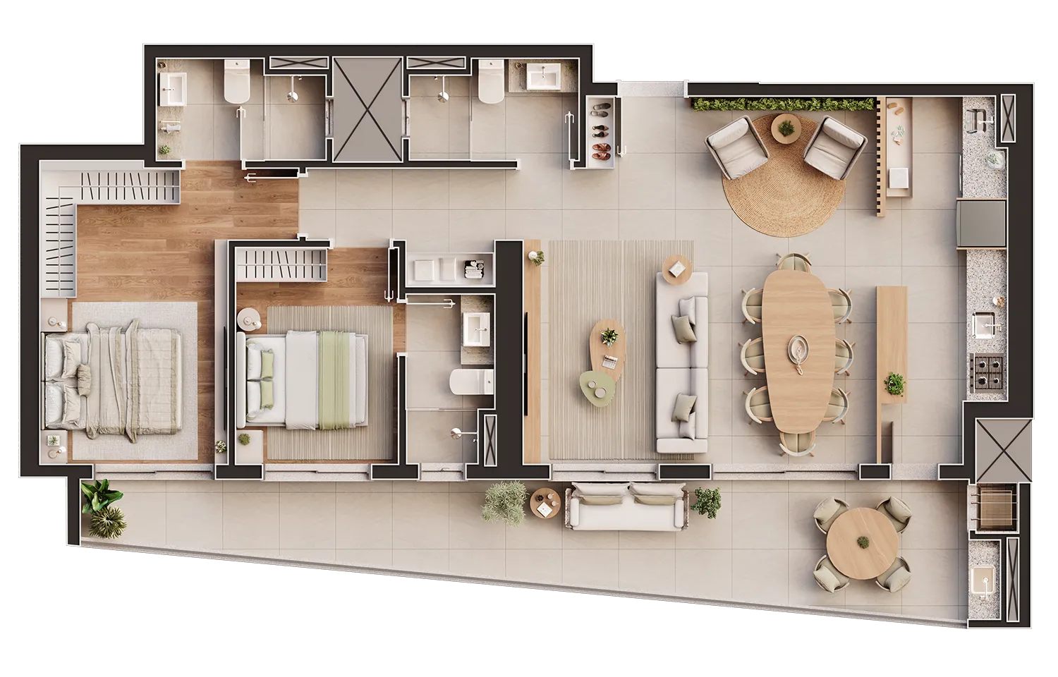 Planta humanizada do apartamento Tipo 2 Suítes, 2 dormitórios, 116,85 m²