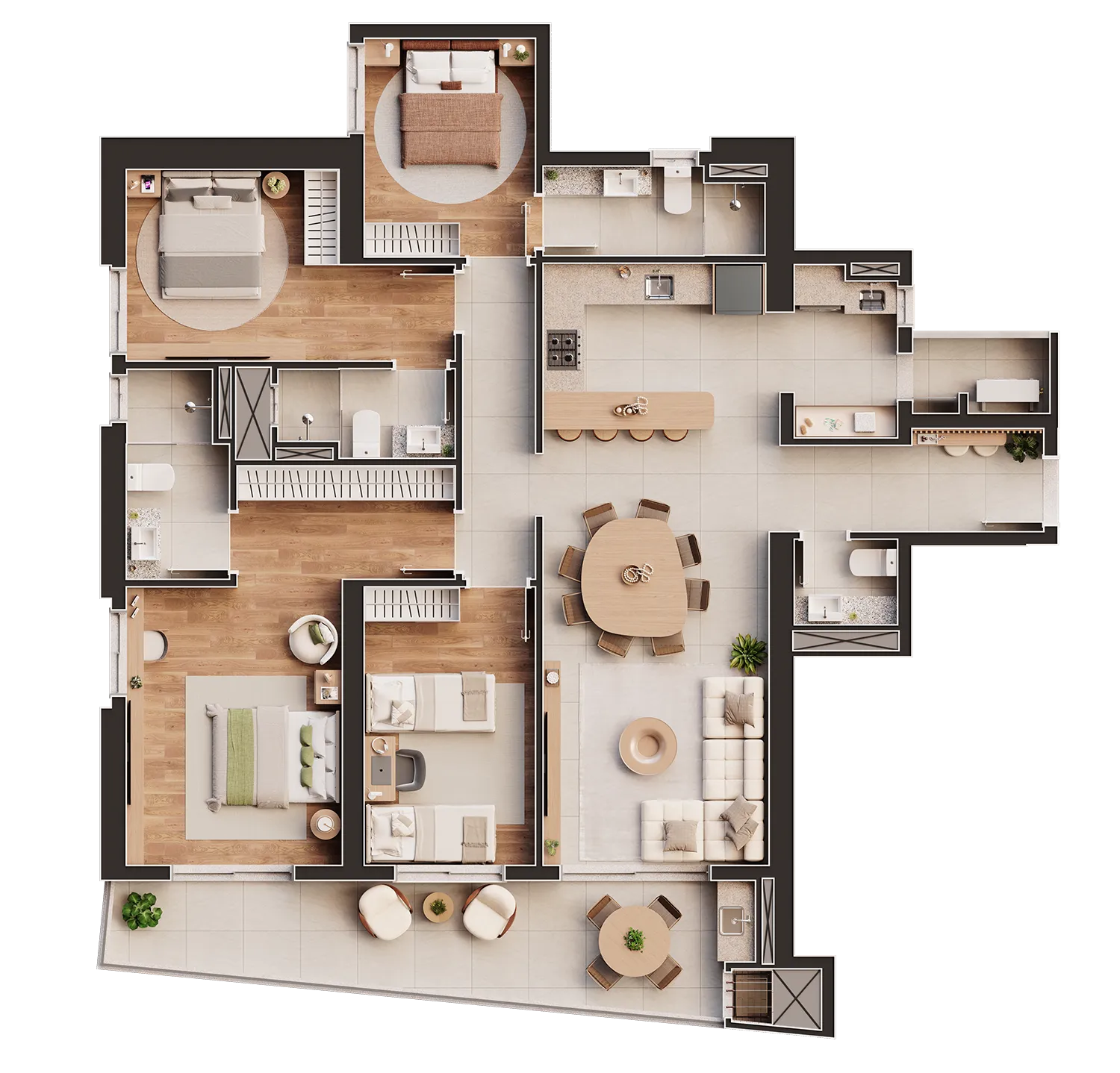 Planta humanizada do apartamento Tipo 3 Suítes com 4 dormitórios, 149,20 m²