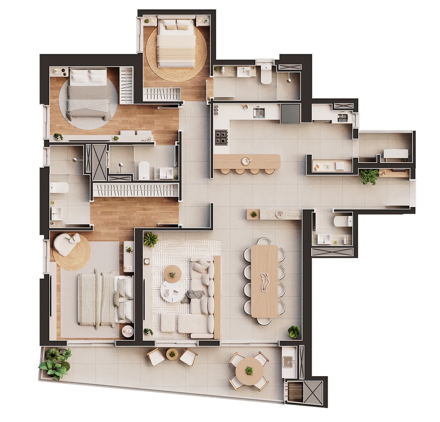Planta humanizada do apartamento Tipo 3 Suítes, 3 dormitórios, 149,20 m²