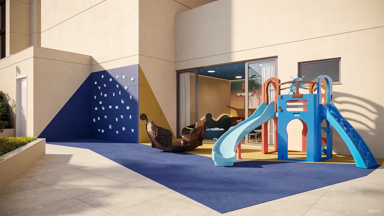 Playground coberto com escorregador e parede de escalada