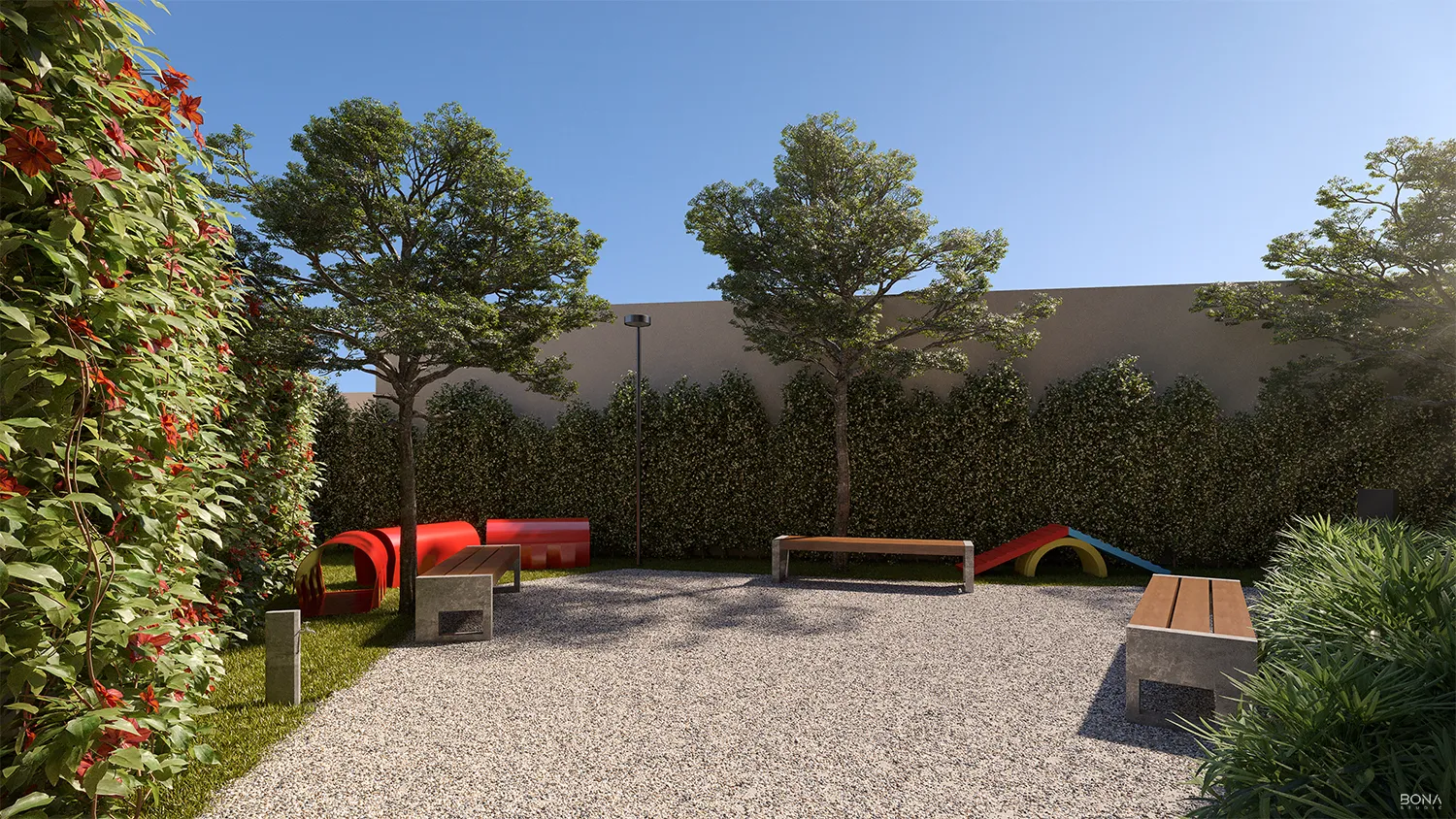 Playground externo com brinquedos e paisagismo