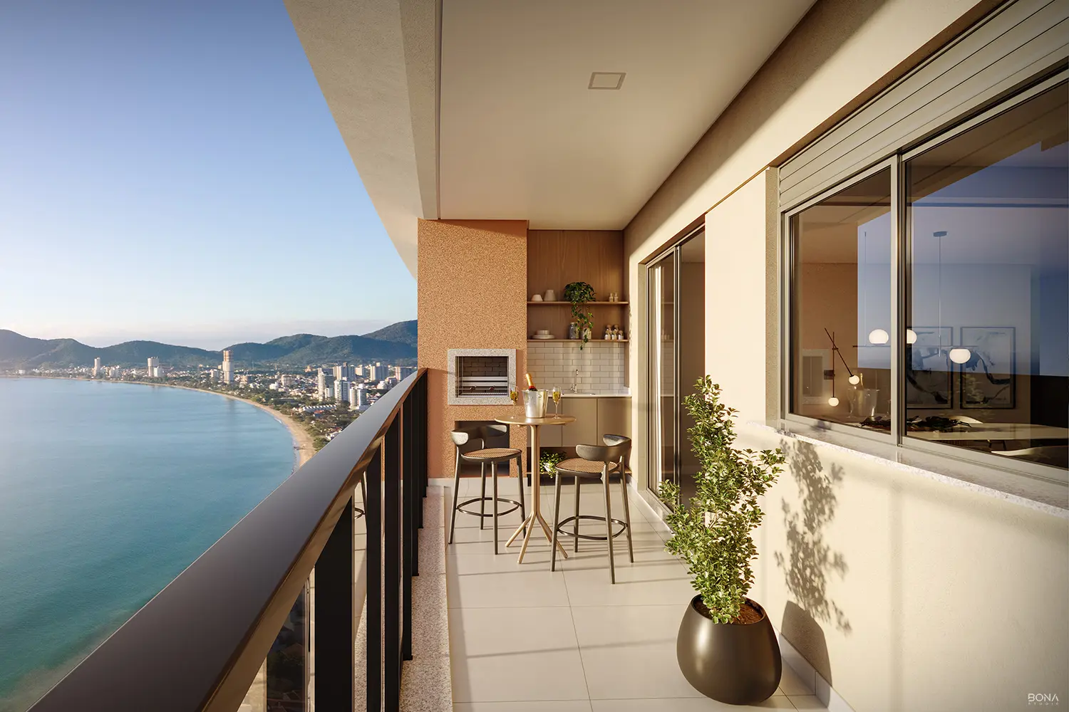 Sacada gourmet com bancada e vista para a orla