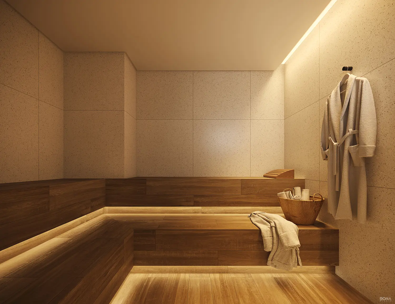 Sauna revestida em madeira com banco e roupões