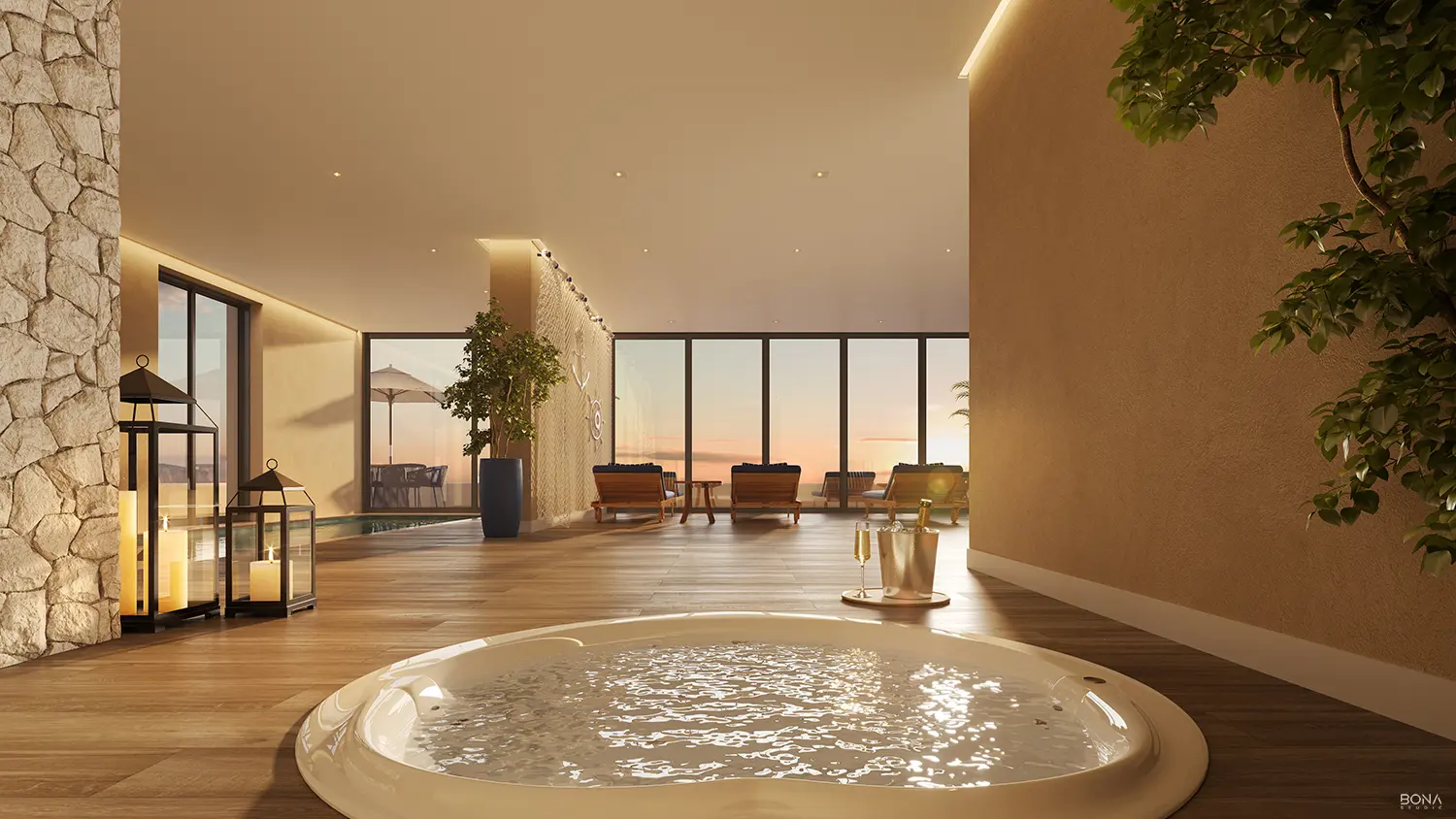 Área de SPA com ofurô e vista para o mar